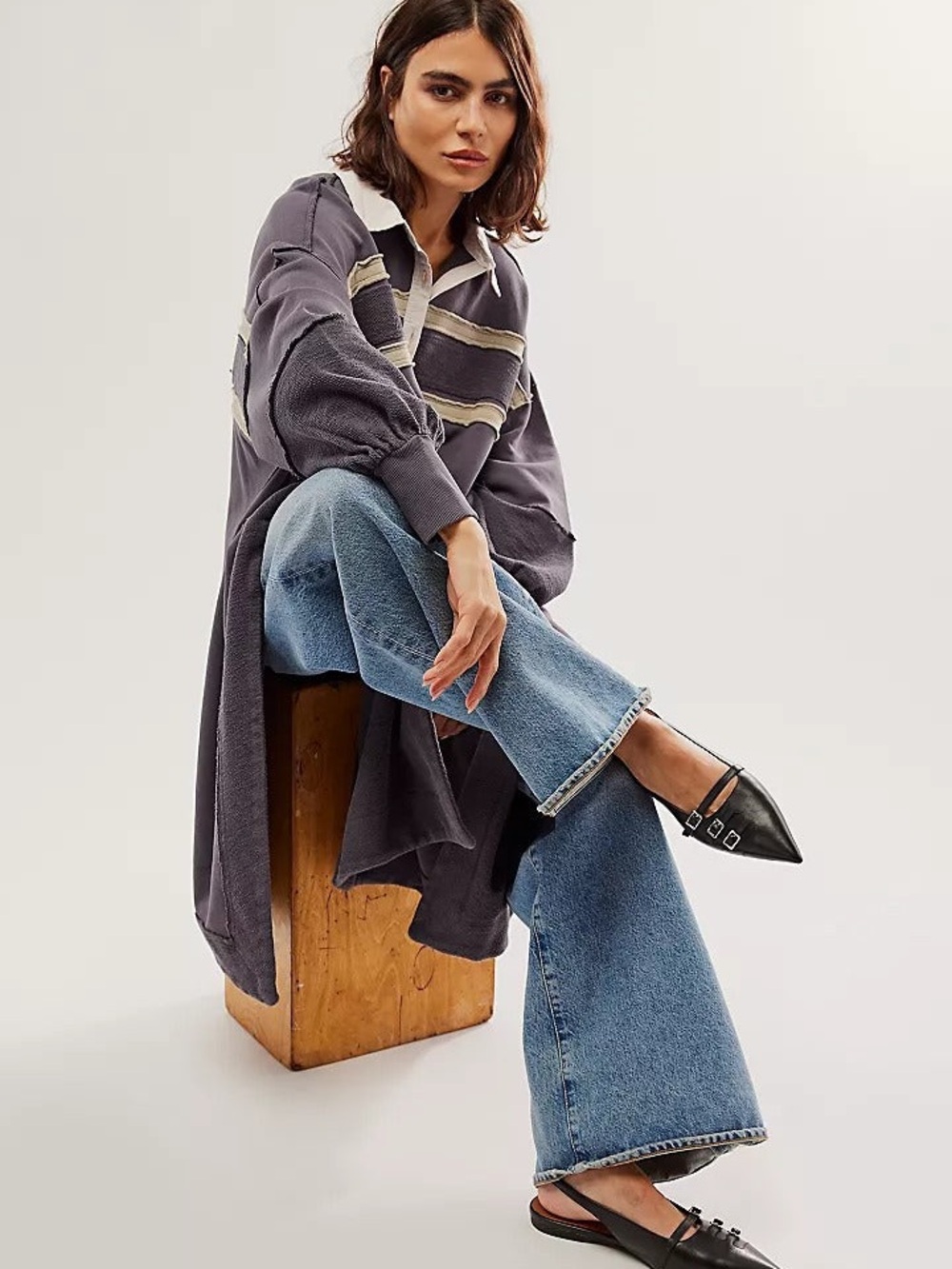 Free People Rugby Stripe Polo Sweatshirt Dress XL Oversized Slouchy